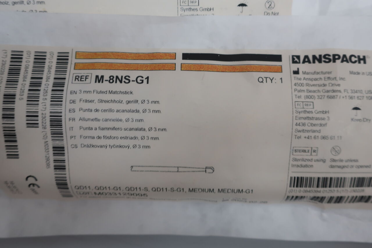 M-8NS-G1 - ANSPACH - 3 mm Fluted Matchstick.Use with MEDIUM-G1, QD11-G1, MEDIUM, QD11, QD11-S Attachments., (EA) - ( Expiry Date: 2024-10-20 )