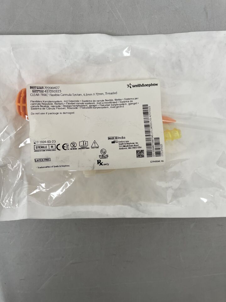 72200427 - SMITH & NEPHEW - Clear-Trac Polycarbonate Flexible Cannula System, 6.5 x 72 mm, (EA)