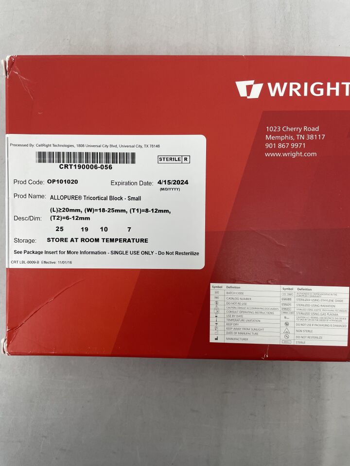 OP101020 - WRIGHT MEDICAL - ALLOPURE Tricortical Block - Small, 20 x 18.25mm, (BX/1) - ( Expiry Date: 2024-04-15 )