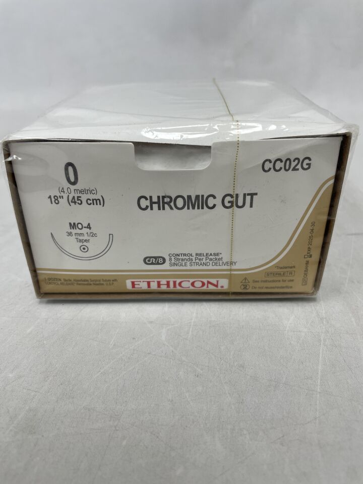 CC02G - ETHICON - 腸線鉻制可吸收單絲縫合線,0號,18吋長,MO-4針,(盒/12)-(有效期至:2025年4月30日)
