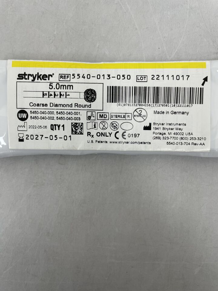 5540-013-050 - STRYKER - S2 Diamond Round Bur, Coarse 5.0mm , ( EA ) - ( Expiry Date : 2027-05-01 )