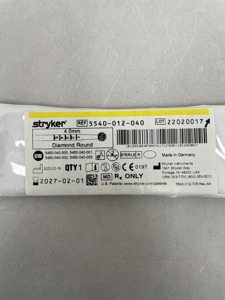 5540-012-040 - STRYKER - S2 Diamond Round Bur 4.0mm , ( EA ) - ( Expiry Date : 2027-02-01 )