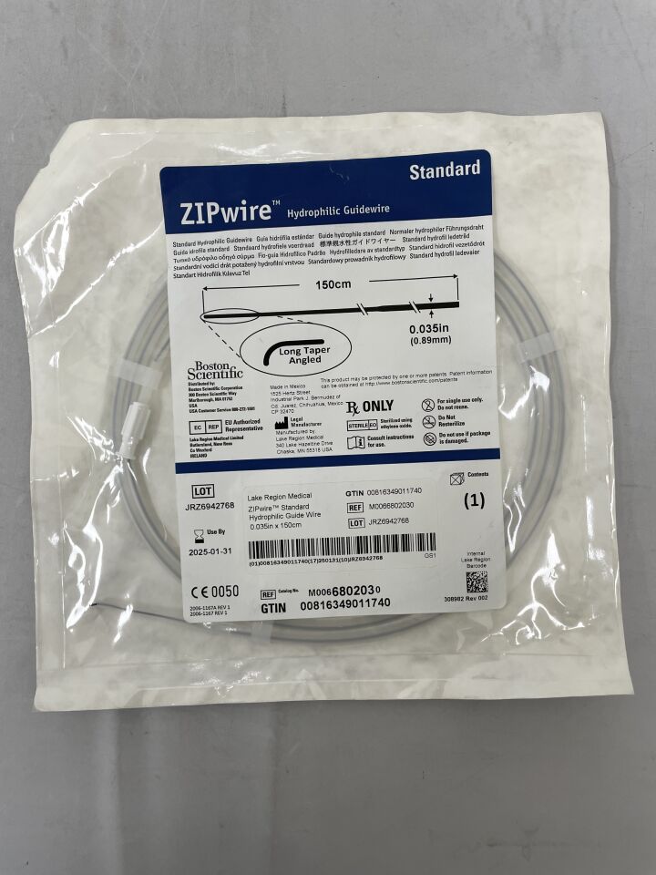 680203 - BOSTON SCIENTIFIC - Standard ZipWire Hydrophilic Guidewire 150cmx0.035In, () - ( Expiry Date: 2025-01-31 )