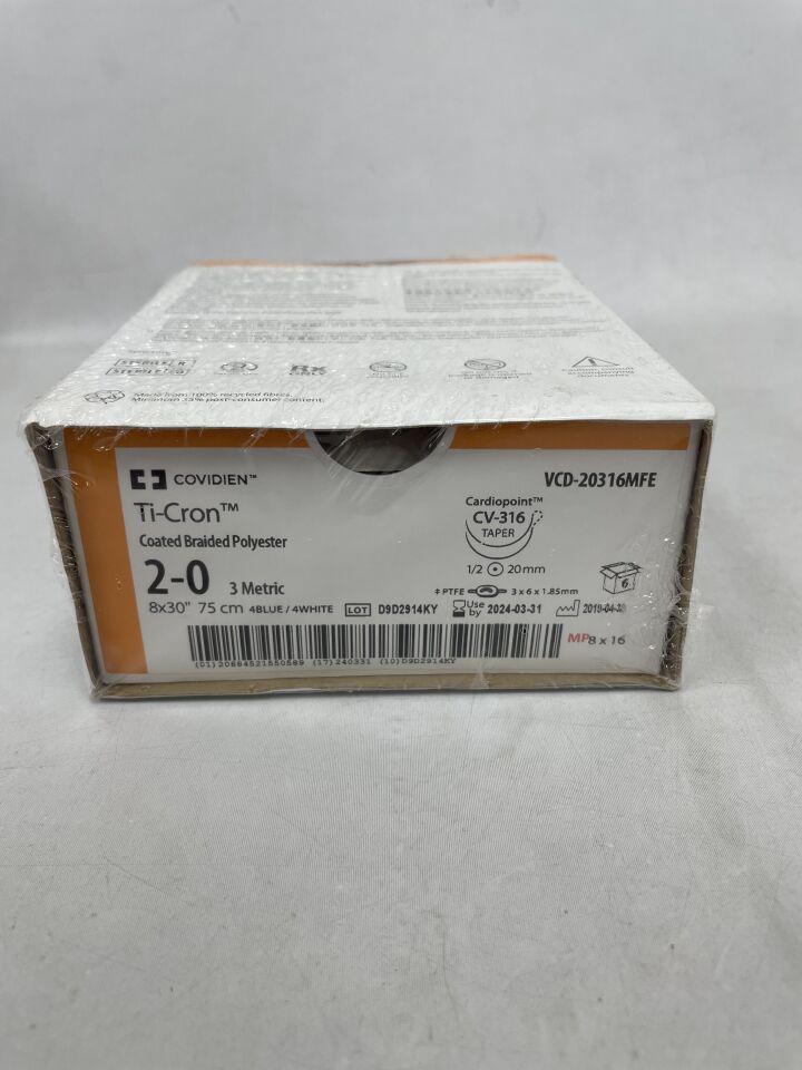 VCD20316MFE - COVIDIEN - 2-0 Medtronic TiCron blue/white 8 x 30" CV-316 taper, double armed with 3mm Pledget, (BX/6) - ( Expiry Date: 2024-03-31 )