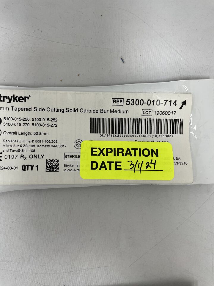 5300-010-714 - STRYKER - Tapered Side Cutting Solid Carbide Bur, Medium, 2.0mm x 50.8mm, (EA) - ( Expiry Date: 2024-09-01 )