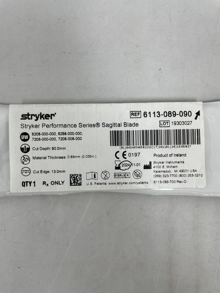 6113-089-090 - STRYKER - Sagittal Saw Blade, 90 L x 13 mm W, 0.89 mm Cut Thickness, (EA) - ( Expiry Date: 2024-11-01 )