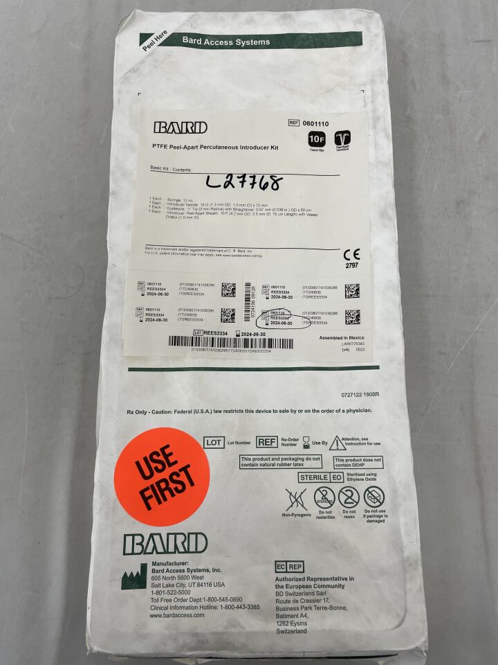 601110 - BARD - PTFE Peel-Apart 10F Percutaneous Introducer Kit, 15cm, (EA) - ( Expiry Date: 2024-06-30 )