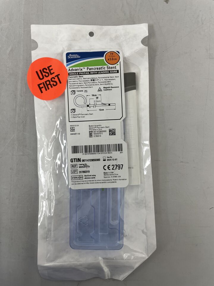 3731 - BOSTON SCIENTIFIC - Advanix Pancreatic Stent - Single Pigtail with Leading Barb - 7Fr x 12cm, () - ( Expiry Date: 2024-12-07 )