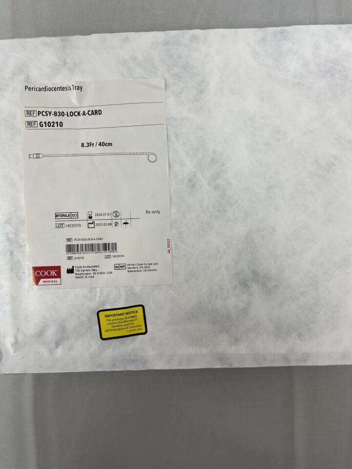 G10210 - COOK - Pericadiocentesis Tray, 8.3F x 40cm, (EA) - ( Expiry Date: 2024-07-01 )