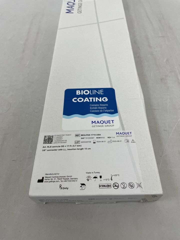 BEQ-PAS1715-USA - MAQUET - arterial hls cannula, bioline 17f x 15cm, (BX/1) - ( Expiry Date: 2024-06-01 )