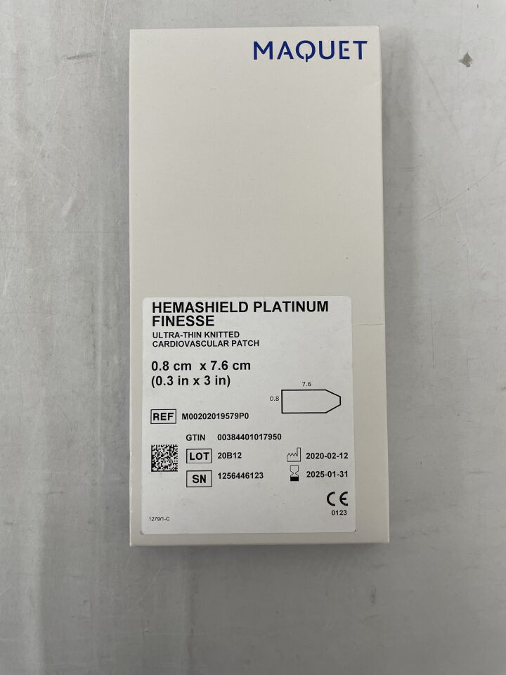 M00202019579P0 - MAQUET - Hemashield Platinum Finesse Ultra-Thin Knitted Cardiovascular Patch - 0.8cm x 7.6cm, (BX/1) - ( Expiry Date: 2025-01-31 )