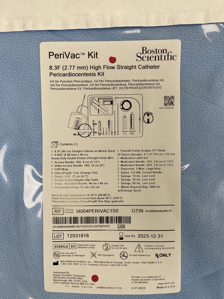M004PERIVAC1S0 - MERIT MEDICAL - PeriVac Kit, High Flow Straight Catheter Pericardiocentesis Kit, 8.3F, (EA) - ( Expiry Date: 2025-01-31 )