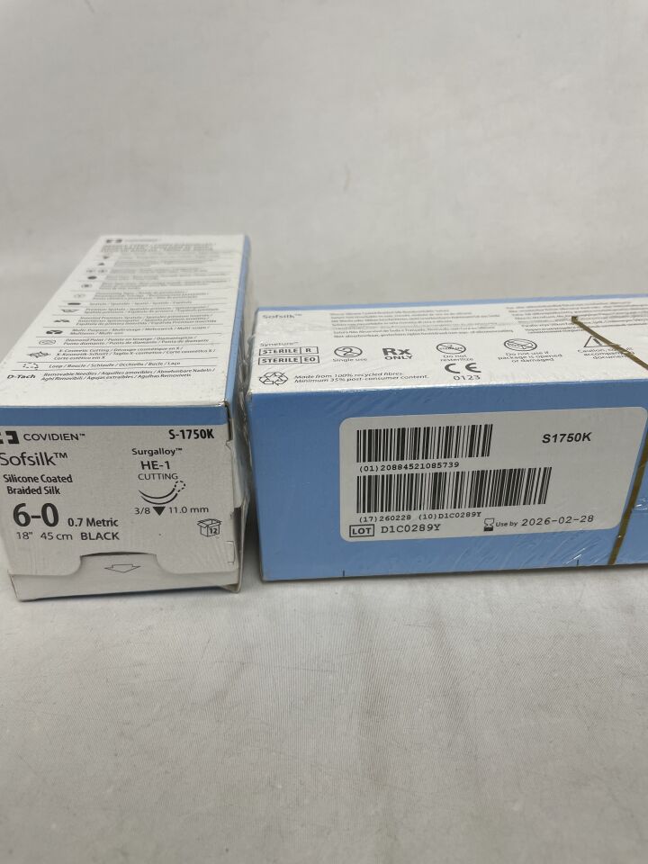 S-1750K - COVIDIEN - 6-0 Medtronic Sofsilk black 18" HE-1 cutting, double armed , ( BX/12 ) - ( Expiry Date : 2026-02-28 )
