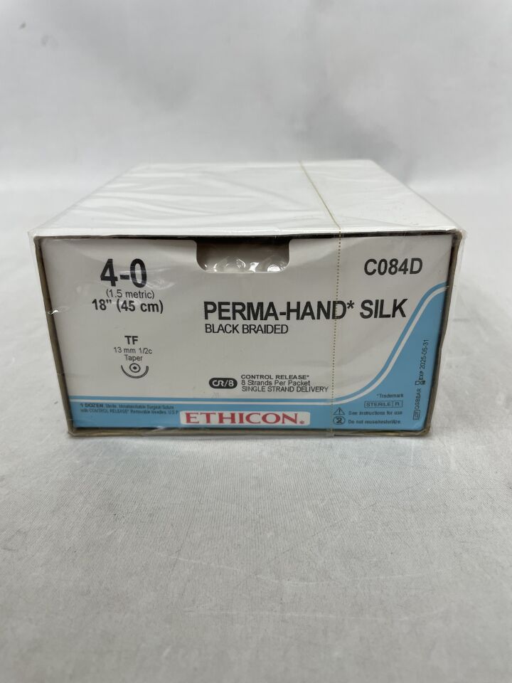 C084D - ETHICON - Sutura quirúrgica no absorbible de seda trenzada negra Perma-Hand, tamaño 4-0, 45,7 cm de longitud, 1/2 círculo, aguja de 13 mm de longitud, aguja cónica, (Caja de 12) - (Fecha de caducidad: 31/05/2025)
