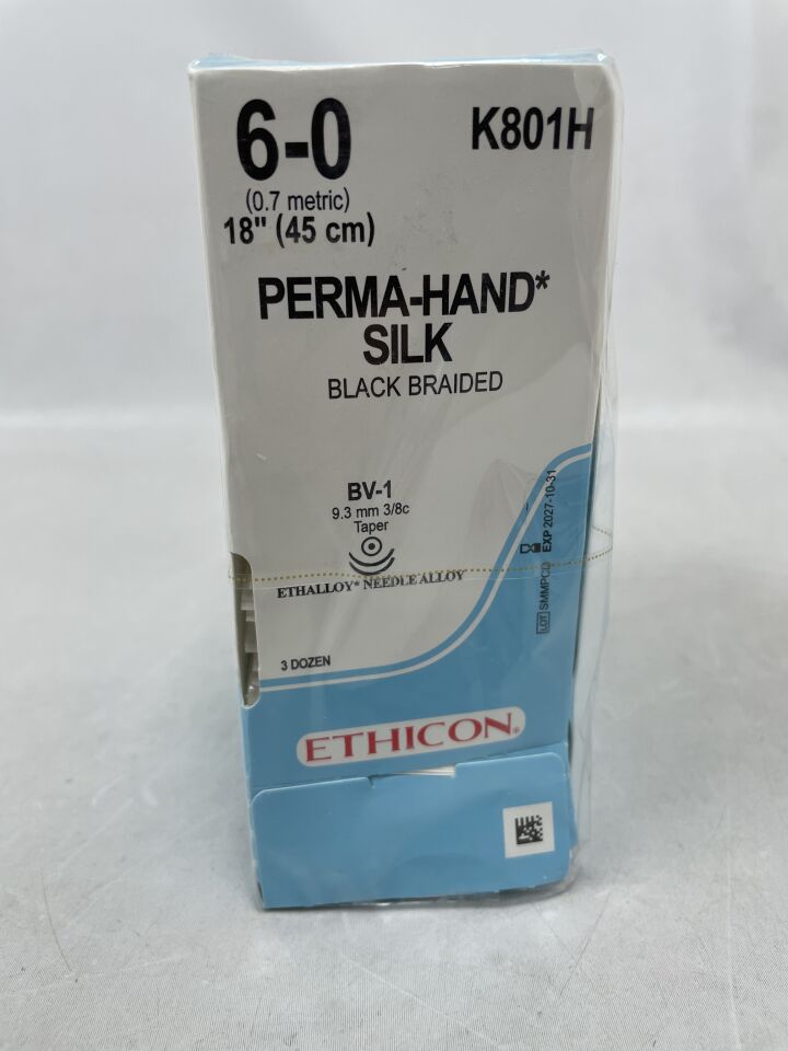 K801H - ETHICON - PERMA-HAND 絲線,錐形頭,不可吸收,BV-1 9.3mm / BV-1 3/8 圓,黑色編織 18 英寸 = 45cm,規格:6-0,(盒/36)-(有效期至:2027-10-31)