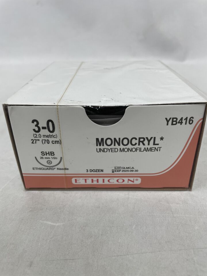 YB416 - ETHICON - MONOCRYL (poliglecaprone 25) Suture, ETHIGUARD - Blunt Point, Absorbable, SHB 26mm ½ Circle, Undyed Monofilament 27" = 70cm, Size: 3-0 , ( BX/36 ) - ( Expiry Date : 2025-09-30 )
