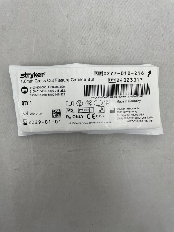 0277-010-216 - STRYKER - Fresa de carburo de fisura de corte transversal de 1,6 mm (unidades) - (Fecha de caducidad: 01/01/2029)