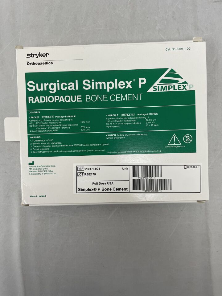 6191-1-001 - STRYKER - Surgical Simplex P Radiopaque Bone Cement, Full-Dose , ( BX/1 ) - ( Expiry Date : 2025-10-31 )
