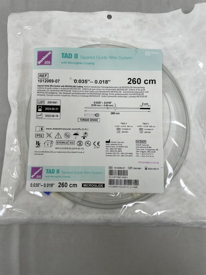 1012069-07 - ABBOTT - TAD II Tapered Guide Wire System With Microglide Coating, 0.035in - 0.018in, 260cm, (EA) - ( Expiry Date: 2024-05-31 )