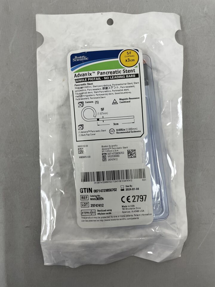 3699 - BOSTON SCIENTIFIC - Advanix Pancreatic Stent - Single Pigtail/No Leading Barb - 5Fr x 3cm, () - ( Expiry Date: 2024-01-08 )