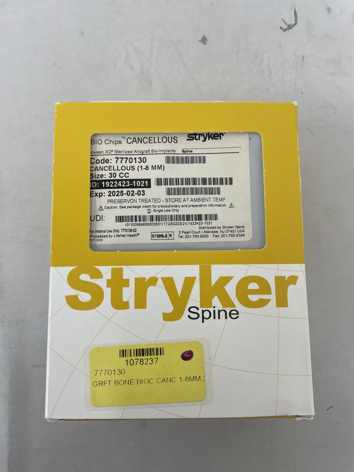 7770130 - STRYKER - BIO Chips Cancellous 1-8mm Particle Range – 30cc, (BX/1) - ( Expiry Date: 2025-02-03 )