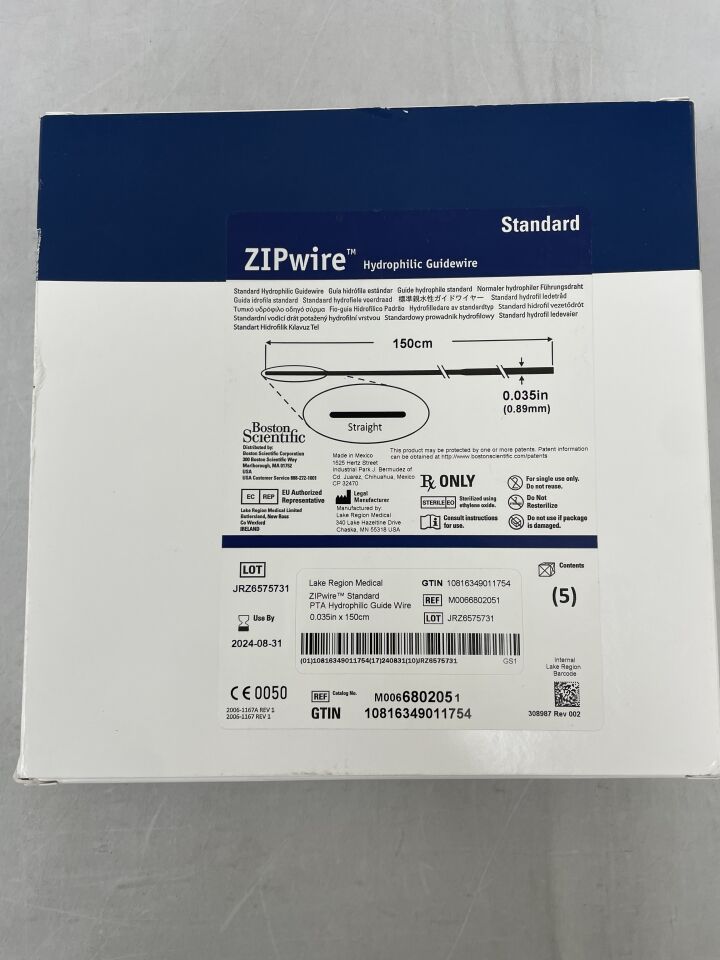 680205 - BOSTON SCIENTIFIC - ZIPWire Standard Hydrophilic Guidewire, 0.035" x 150cm, Straight, () - ( Expiry Date: 2024-08-31 )