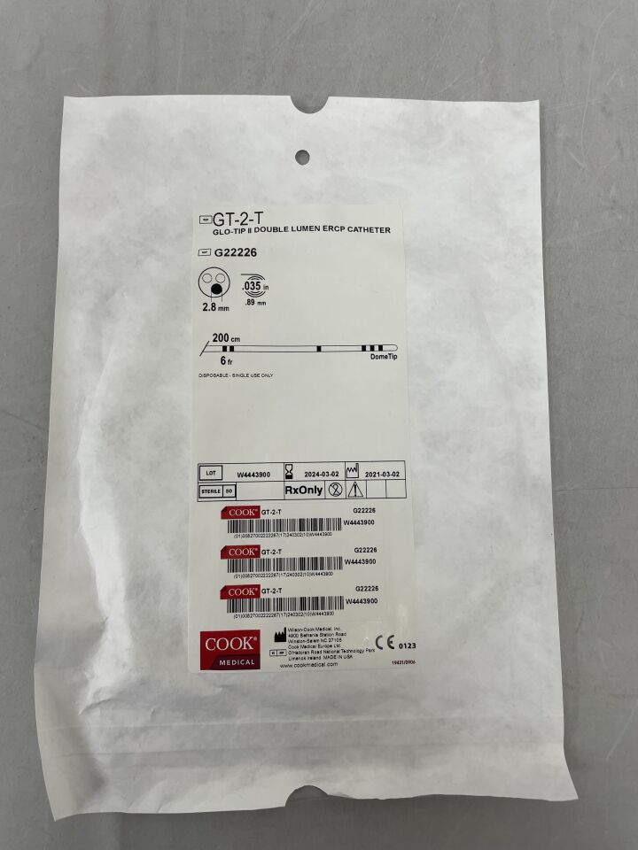 G22226 - COOK - Glo-Tip II Double Lumen ERCP Catheter 6F Dome Tip, (EA) - ( Expiry Date: 2024-03-02 )