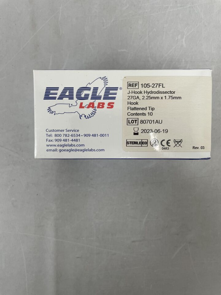 105-27FL - EAGLE LABS - J-Hook Hydrodissector with Flattened Tip, 27G, Straight, Hook Dimensions 2.25 mm x 1.75 mm, (BX/10) - ( Expiry Date: 2023-06-19 )