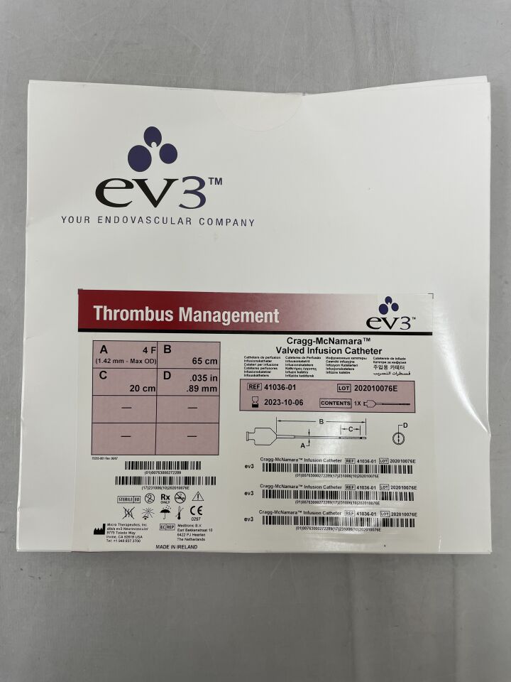 41036-01 - EV3 - Thrombus Management Cragg-McNamara Valved Infusion Catheter - 4Fr x 65cm x 20cm
, () - ( Expiry Date: 2023-10-06 )