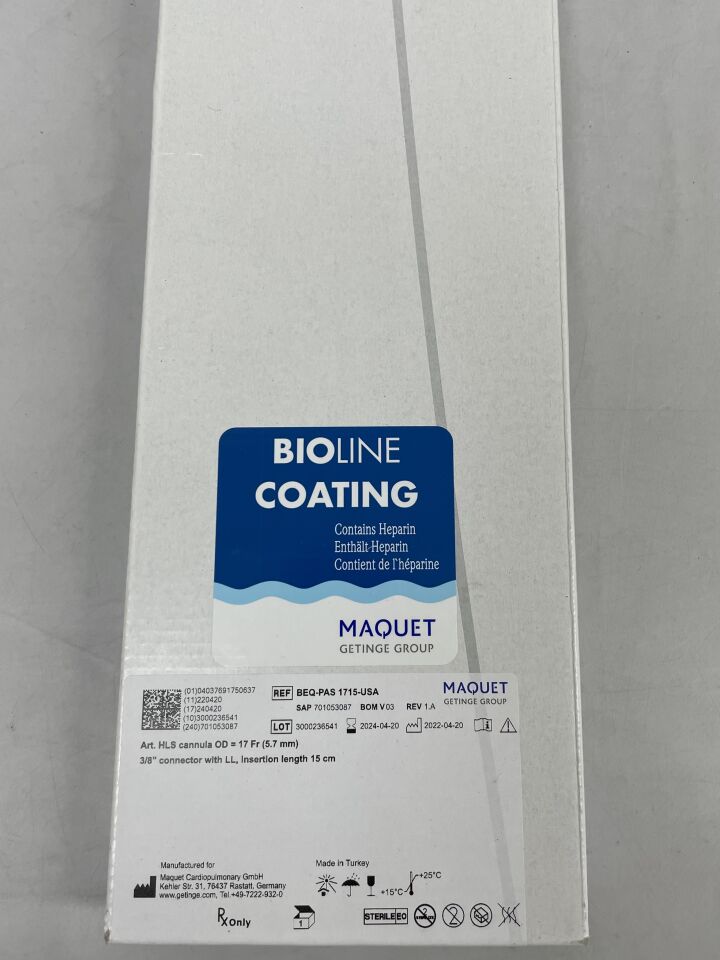 BEQ-PAS1715-USA - MAQUET - arterial hls cannula, bioline 17f x 15cm, (BX/1) - ( Expiry Date: 2024-04-20 )