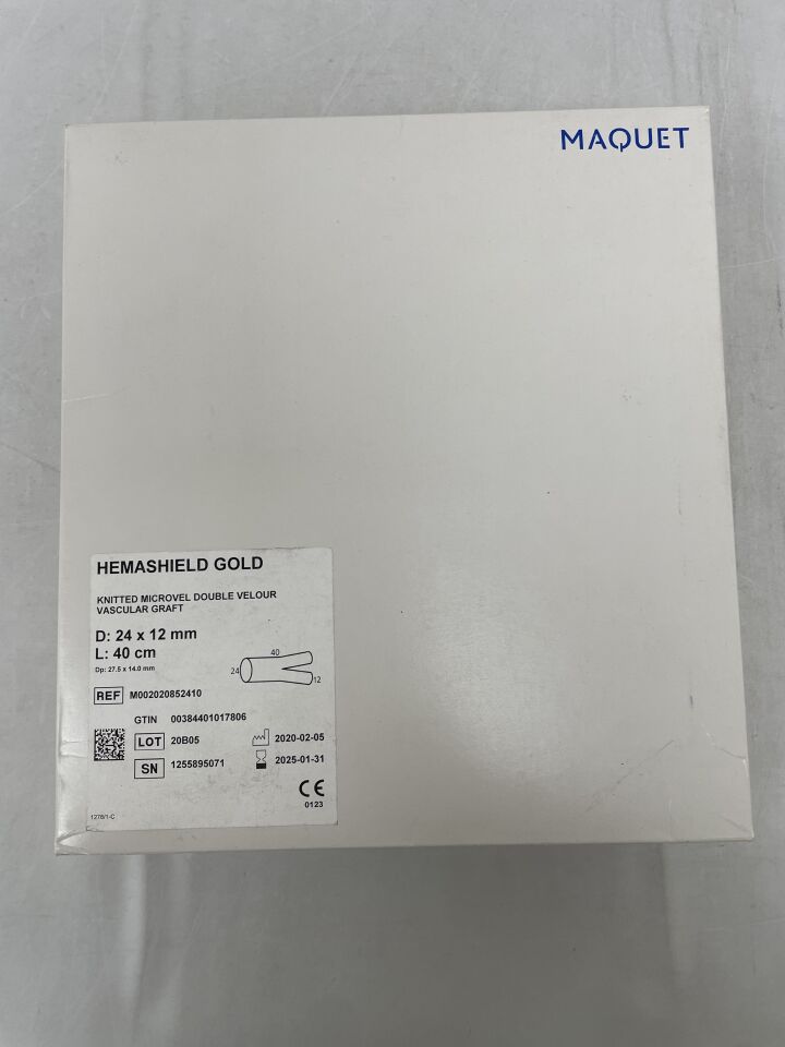 M002020852410 - MAQUET - Hemashield Gold Knitted Microvel Double Velour Vascular Graft - Bifurcated - 24mm x 12mm x 40cm, (BX/1) - ( Expiry Date: 2025-01-31 )
