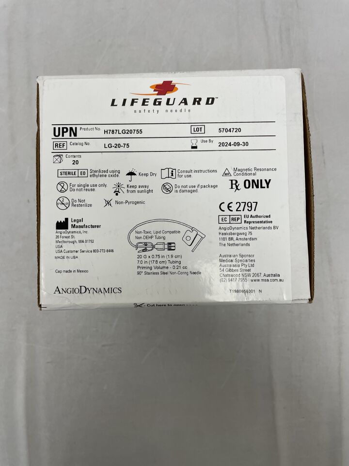 LG-20-75 - NAVILYST - Lifeguard Safety Needle Infusion Set 90 Degree Non-Coring 20G x .75", (BX/20) - ( Expiry Date: 2024-09-30 )