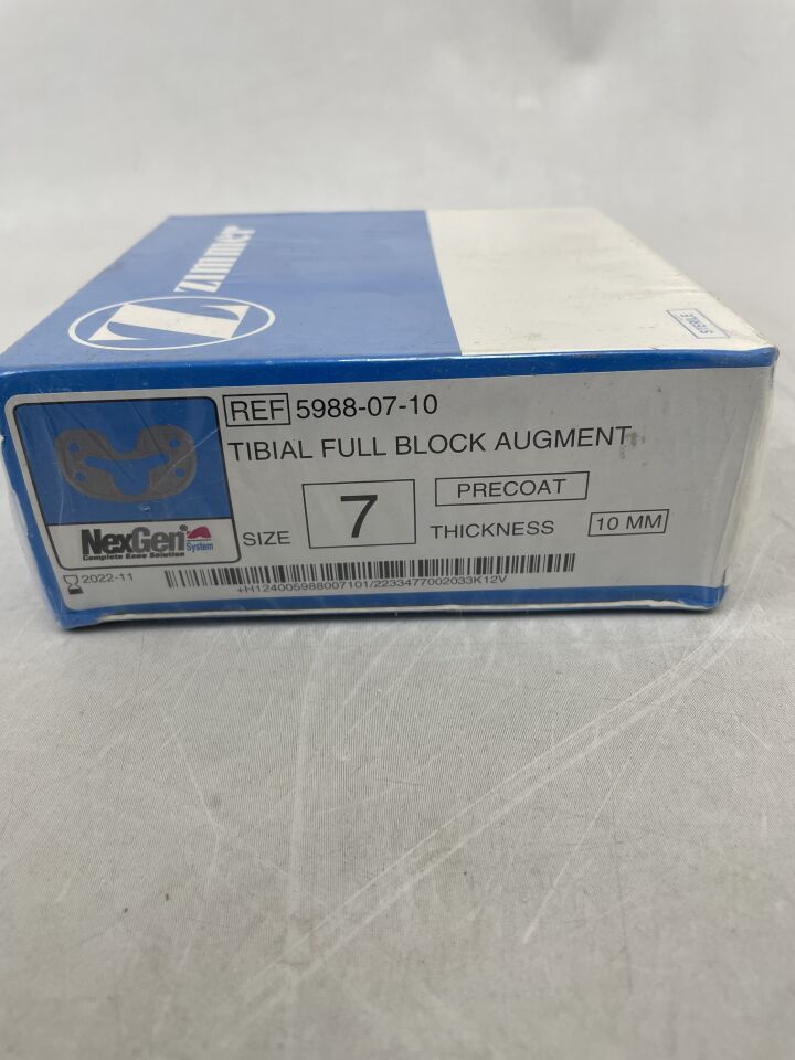 5988-07-10 - ZIMMER - NexGen Complete Knee System, Tibial Full Block Augment, Size- 7, Thickness- 10mm, (BX/1) - ( Expiry Date: 2022-11-30 )