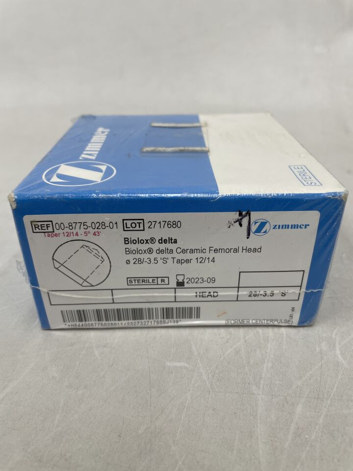 00-8775-028-01 - ZIMMER - Biolox Delta, Ceramic Femoral Head, S, 28/-3.5, Taper 12/14, (BX/1) - ( Expiry Date: 2023-09-30 )