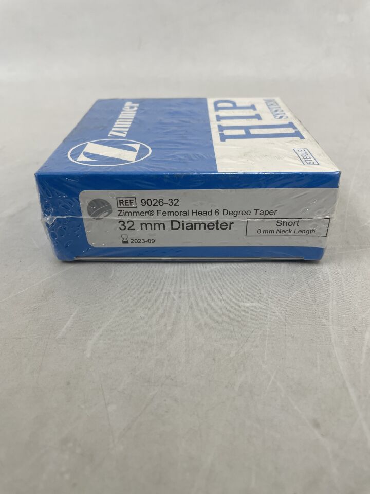 9026-32 - ZIMMER - Hip System Femoral Head, 6 Degree Taper, 32mm Diameter, S, 0mm Neck Length, (BX/1) - ( Expiry Date: 2023-09-30 )