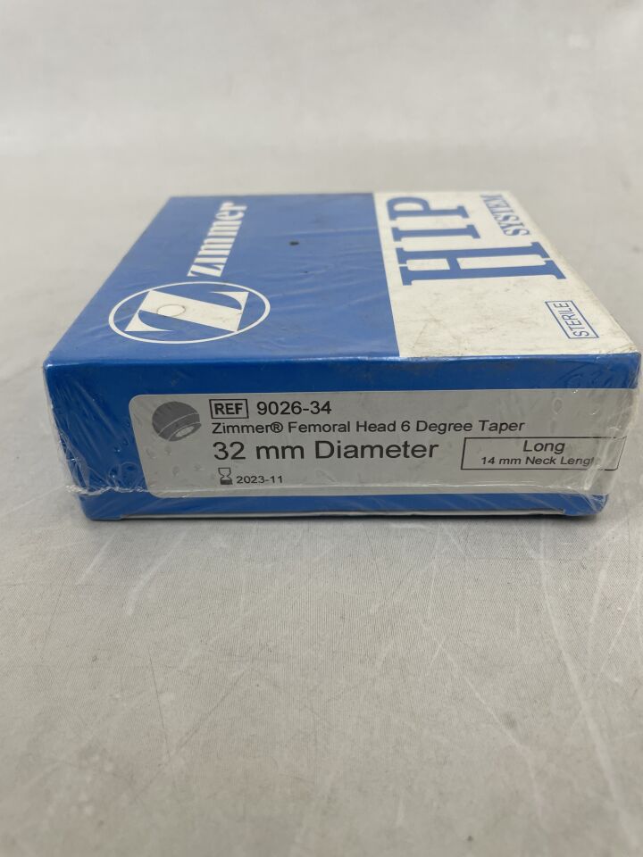 9026-34 - ZIMMER - Hip System Femoral Head, 6 Degree Taper, 32mm Diameter, L, 14mm Neck Length, (BX/1) - ( Expiry Date: 2023-11-30 )