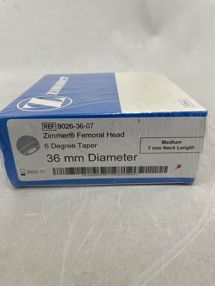 9026-36-07 - ZIMMER - Hip System Femoral Head, 6 Degree Taper, 36mm Diameter, M, +7mm Neck Length, (BX/1) - ( Expiry Date: 2023-11-30 )