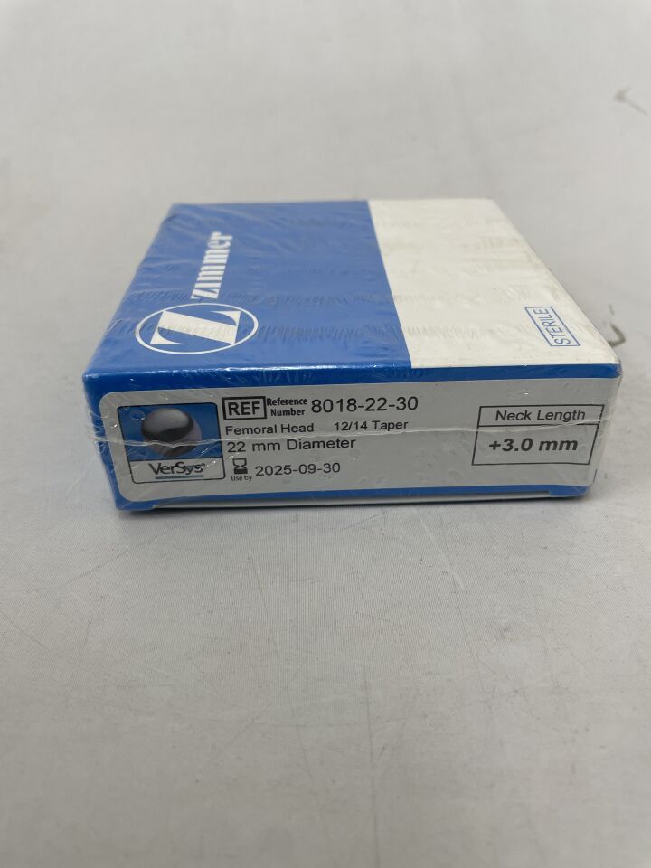 8018-22-30 - ZIMMER - VerSys Hip System Femoral Head 12/14 Taper, 22mm Diameter, +3.0mm Neck Length , ( BX/1 ) - ( Expiry Date : 2025-09-30 )