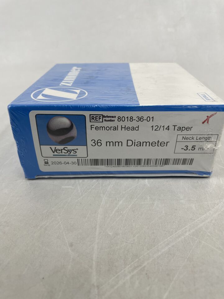 8018-36-01 - ZIMMER - Sistema de cadera VerSys, cabeza femoral cónica 12/14, diámetro de 36 mm, longitud de cuello de -3,5 mm, (caja/1) - (Fecha de caducidad: 30/04/2026)