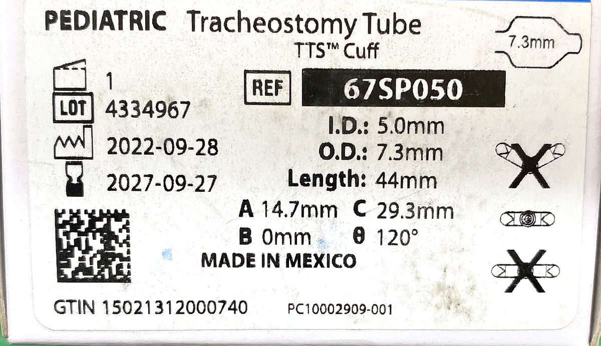 67SP050 - SMITHS MEDICAL - Medical Bivona Cuffed Pediatric Trach Tubes - Cuffed Pediatric Tracheostomy Tube, Size 5.0, (BX/1)
