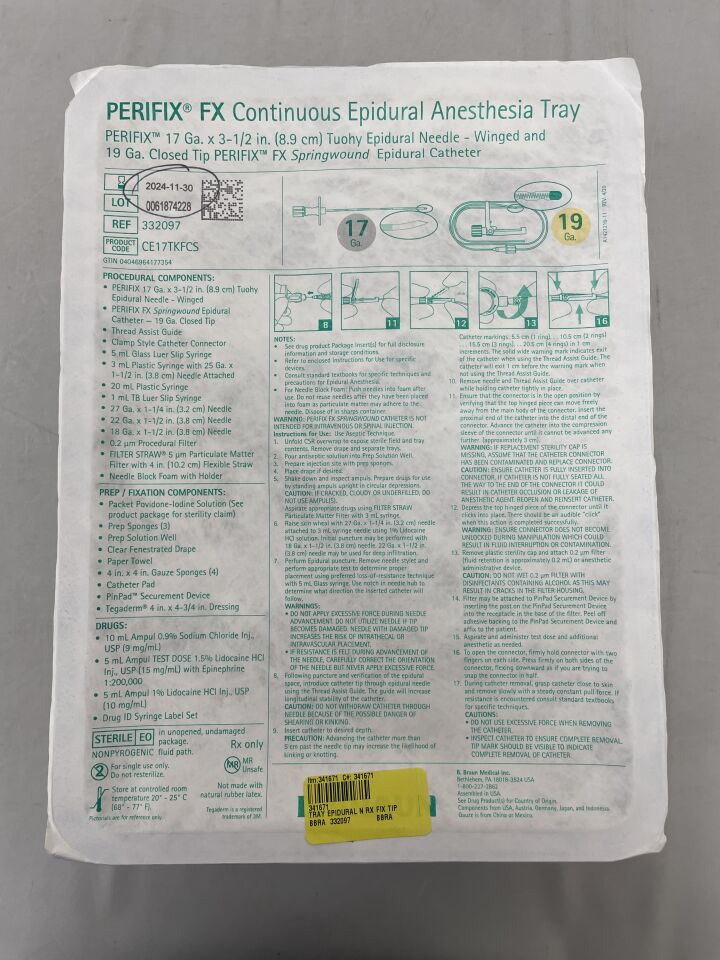 332097 - B BRAUN - Perifix FX Continuous Epidural Anesthesia Tray 17Ga/19Ga , (EA) - ( Expiry Date: 2024-11-30 )