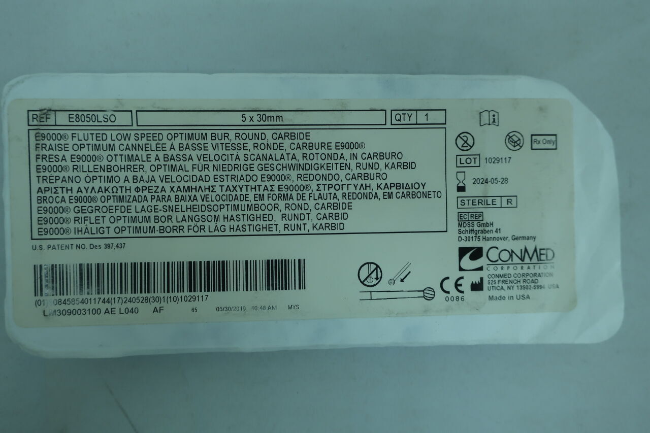 E8050LSO - CONMED - Low Speed Optimum Round Fluted E Burr, Medium, 5 dia. x 30 mm Length, (EA) - ( Expiry Date: 2024-06-05 )