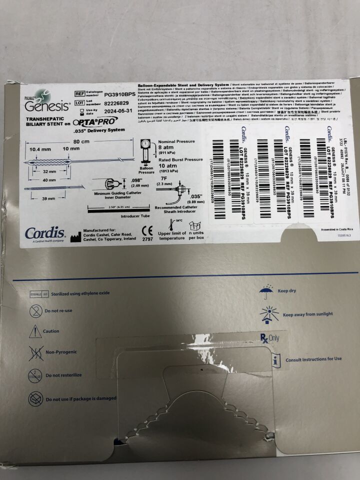 PG3910BPS - CORDIS - PALMAZ Genesis Transhepatic Biliary Stent on OptaPro Delivery System, 80cm length, (BX/1) - ( Expiry Date: 2024-05-31 )
