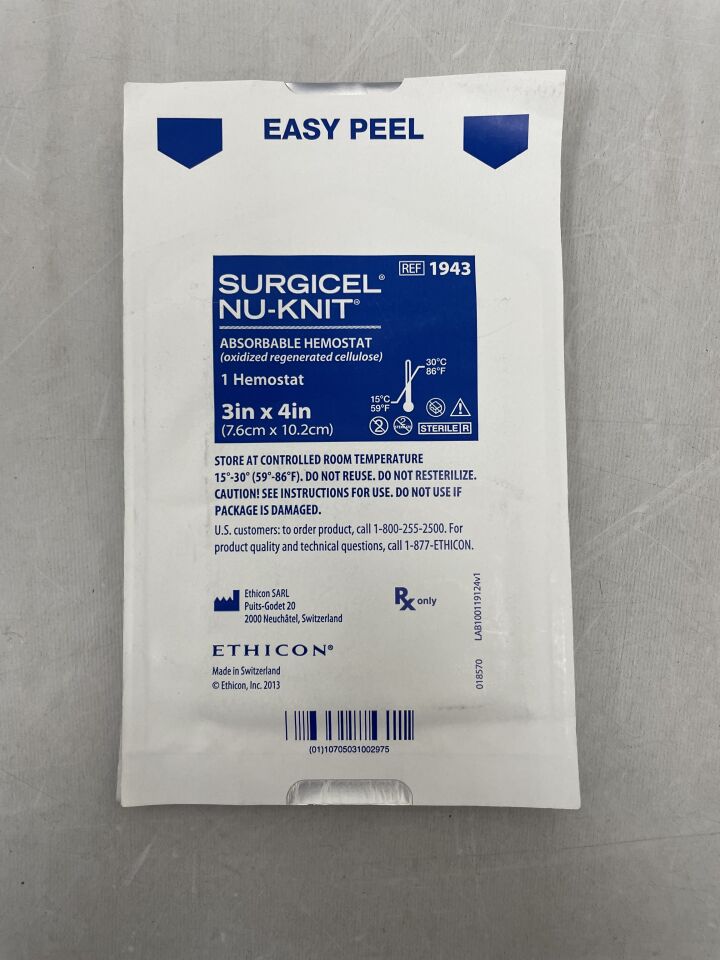 1943 - ETHICON - Surgicel Nu-Knit Absorbable Hemostat 3in x 4in, (EA) - ( Expiry Date: 2024-12-31 )