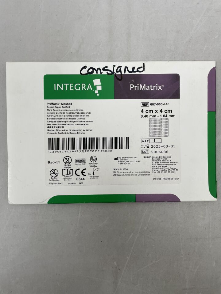 607-005-440 - INTEGRA - PriMatrix Meshed Dermal Repair Scaffold, 4cm x 4cm, (BX/1) - ( Expiry Date: 2025-03-31 )