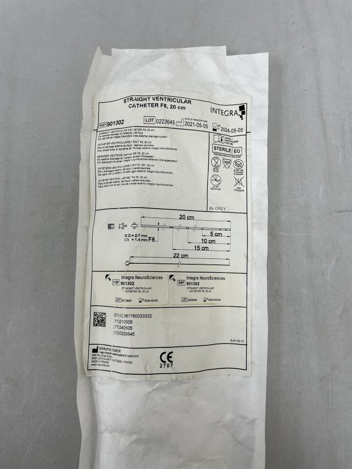 901302 - INTEGRA - Straight Ventricular Catheter - 8Fr x 20cm, (EA) - ( Expiry Date: 2024-05-05 )