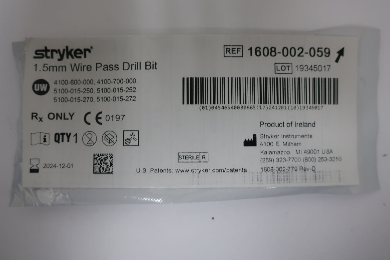 1608-002-059 - STRYKER - Stainless Steel Wire Pass Drill Micro Burr, 1.5 dia. x 6.9, (EA) - ( Expiry Date: 2024-10-01 )