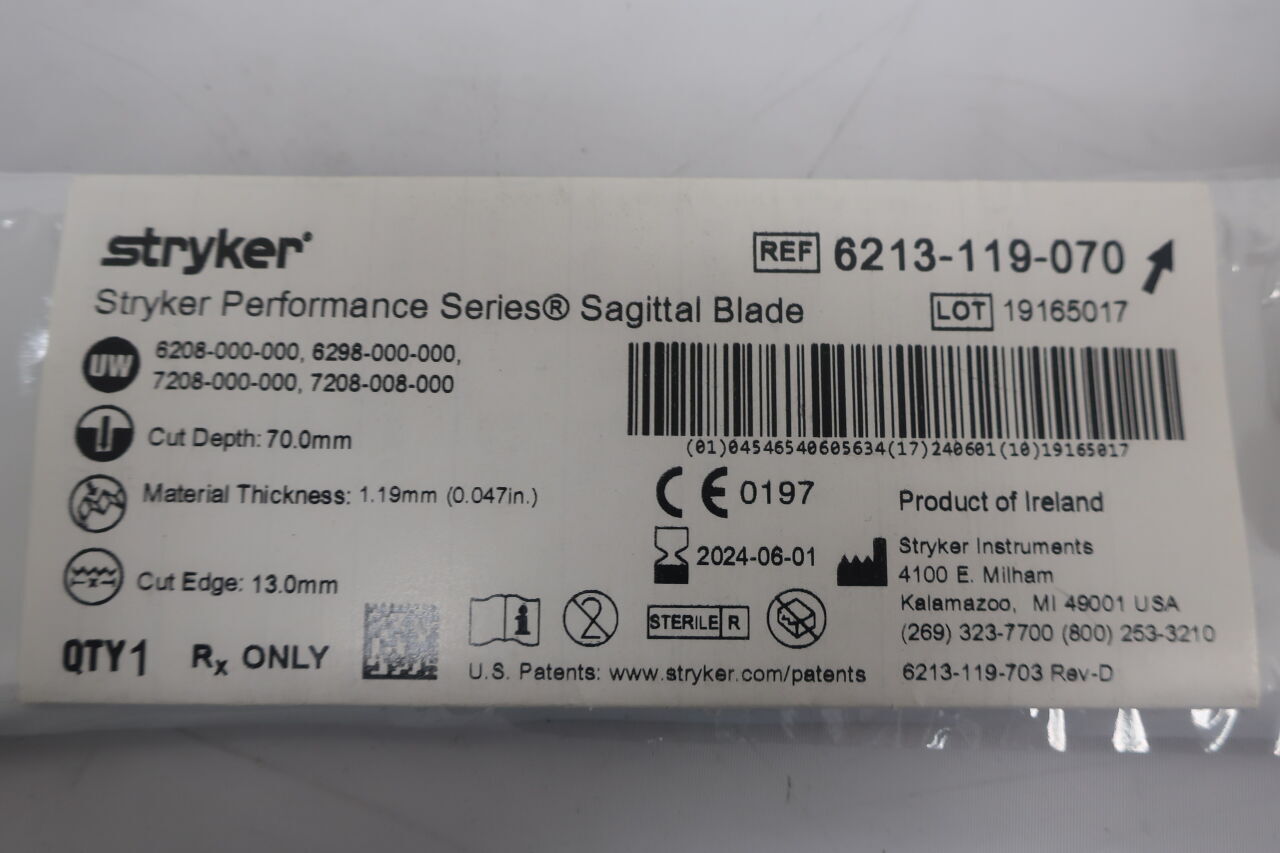 6213-119-070 - STRYKER - System 6 Sagittal Blade: 13mm x 70mm x 1.19mm, (EA) - ( Expiry Date: 2024-06-01 )