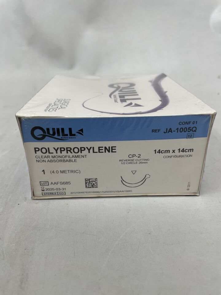 JA-1005Q - SURGICAL SPECIALTIES - 1 Quill Polypropylene clear CP-2 reverse cutting, double armed (14cm x 14cm), (BX/12) - ( Expiry Date: 2025-03-31 )