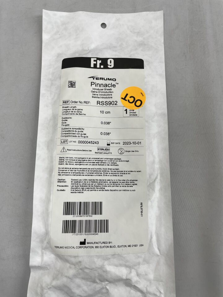 RSS902 - TERUMO - Pinnacle Coronary Introducer Sheath with 0.038" Mini Wire 9F x 10cm, (EA) - ( Expiry Date: 2025-04-01 )
